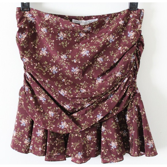 NWT Size 10 Veronica Beard Taras Floral-Print Ruched Silk Mini Skirt Merlot Ruff - Picture 1 of 8